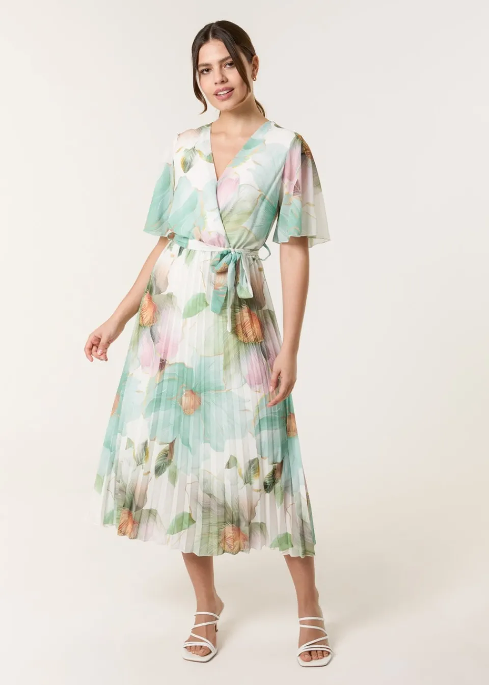 Dresses>Blue Vanilla Sage Watercolour Floral Printed Wrap Front Pleated Dress