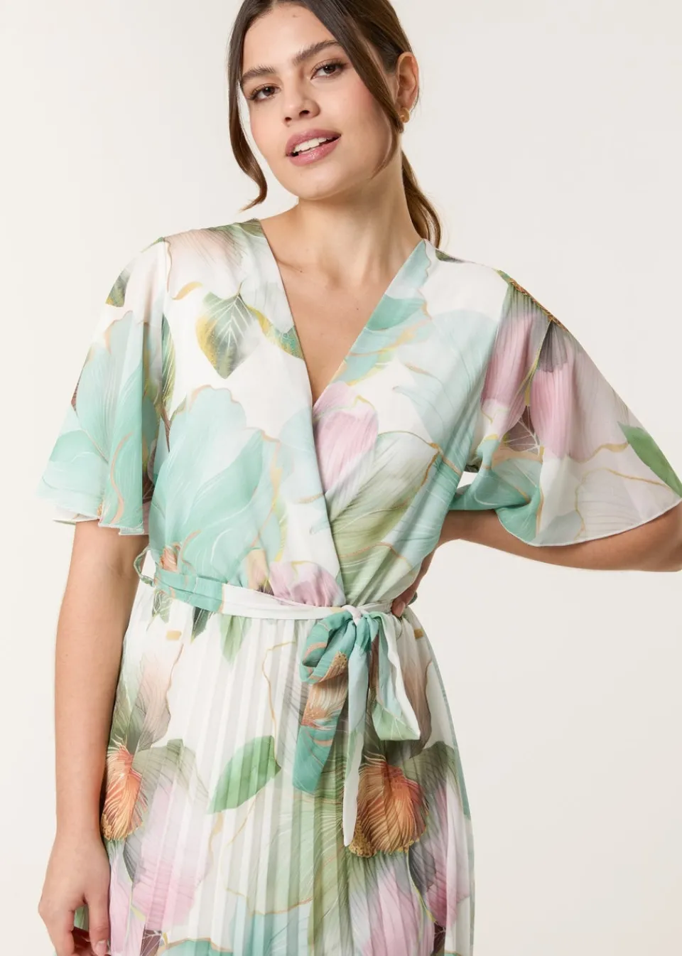 Dresses>Blue Vanilla Sage Watercolour Floral Printed Wrap Front Pleated Dress