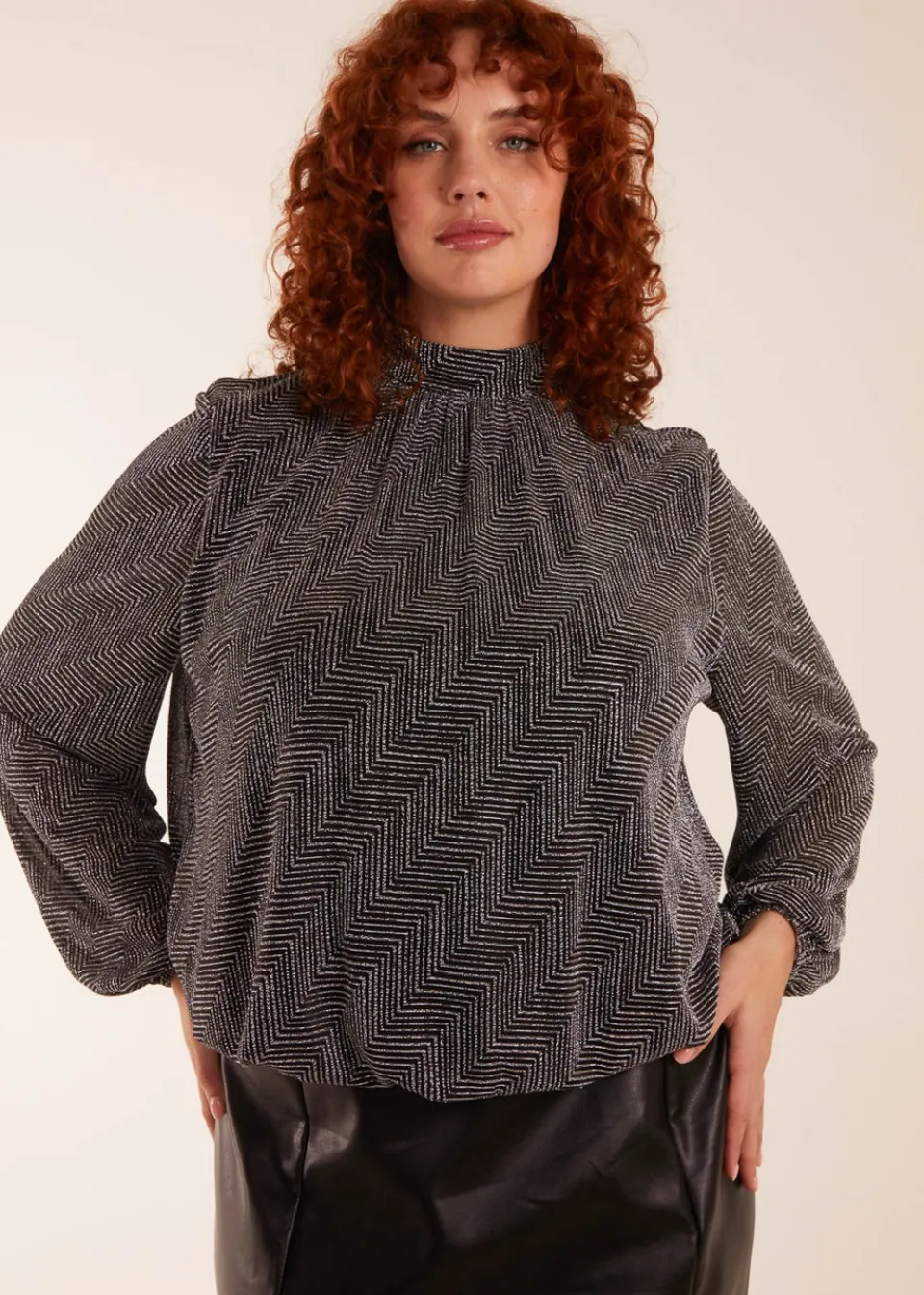 Blouses & Shirts>Blue Vanilla Silver Curve Puffball High Neck Top