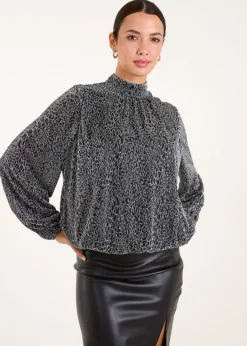 Tops>Blue Vanilla Silver High Neck Puffball Hem Blouse
