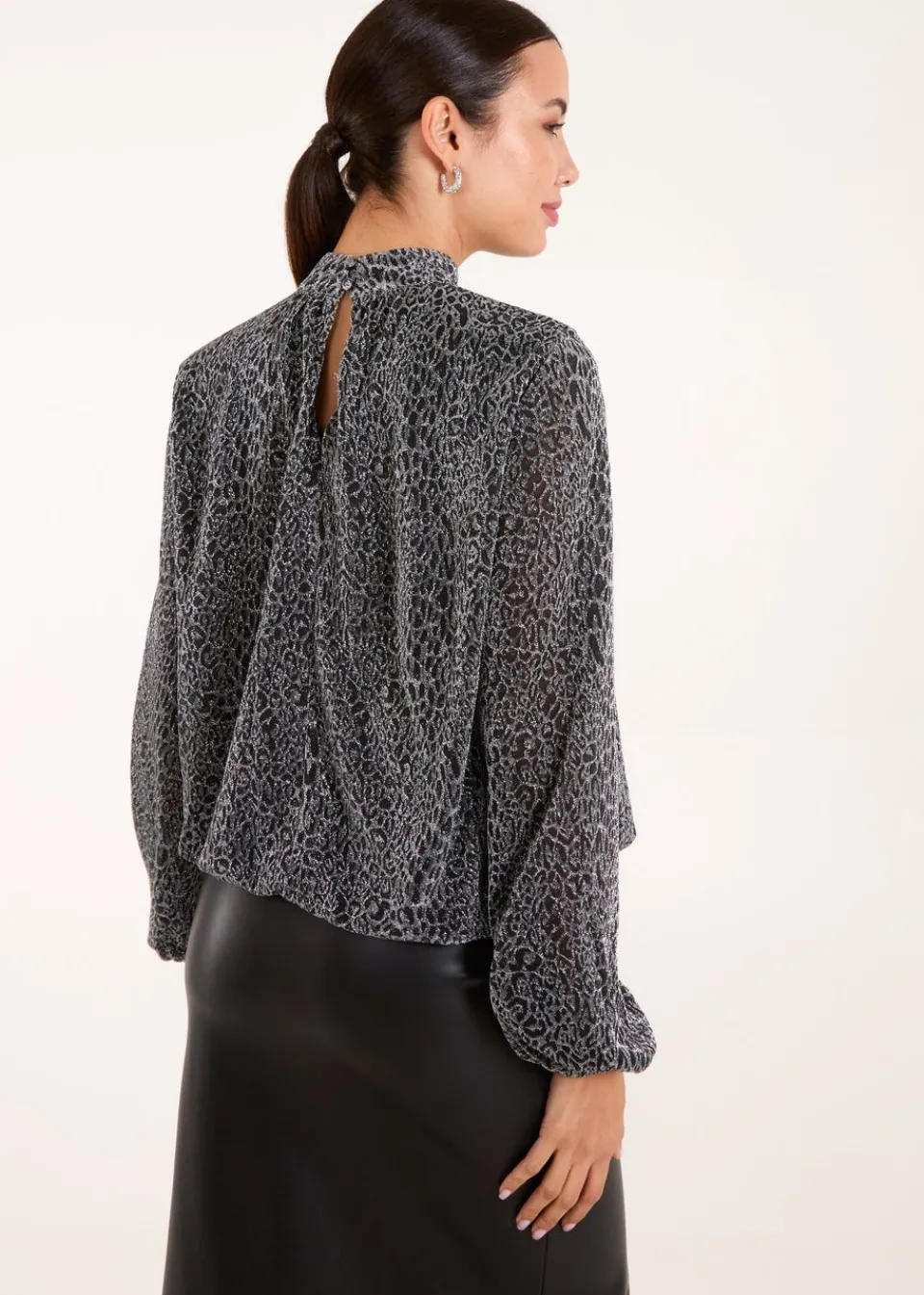 Tops>Blue Vanilla Silver High Neck Puffball Hem Blouse