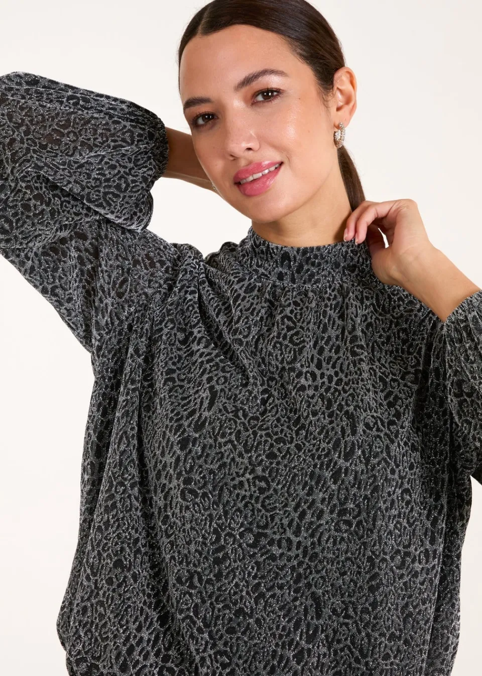 Tops>Blue Vanilla Silver High Neck Puffball Hem Blouse