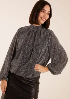 Tops>Blue Vanilla Puffball High Neck Top Silver