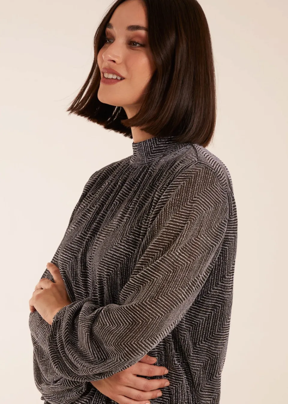 Tops>Blue Vanilla Puffball High Neck Top Silver