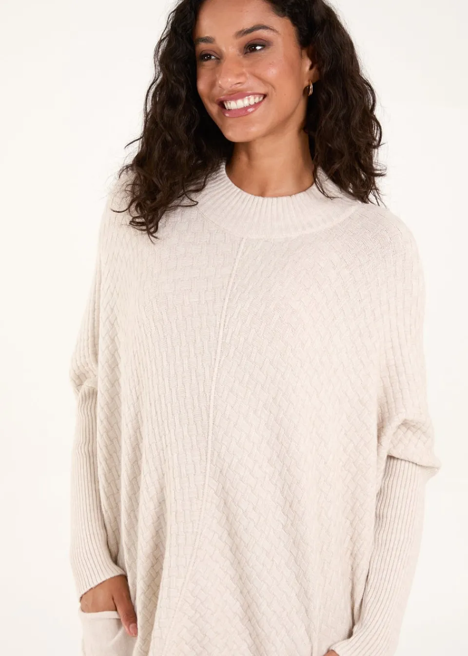 Tops>Blue Vanilla Stone Basket Weave High Neck Jumper