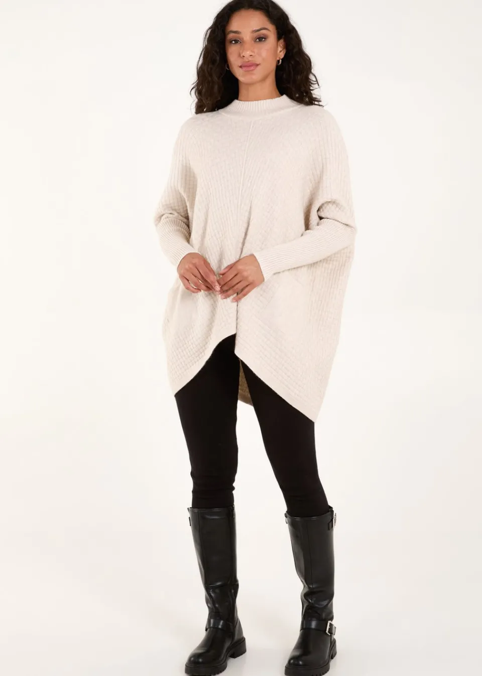 Tops>Blue Vanilla Stone Basket Weave High Neck Jumper
