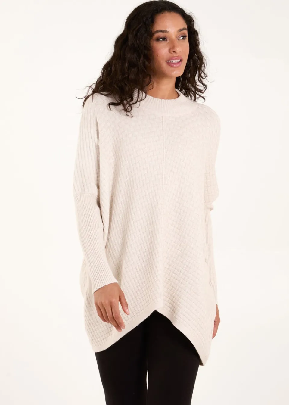 Tops>Blue Vanilla Stone Basket Weave High Neck Jumper