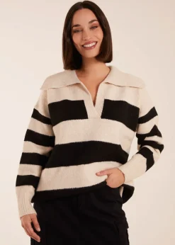 Tops>Blue Vanilla Stone Collar Wide Stripe Jumper
