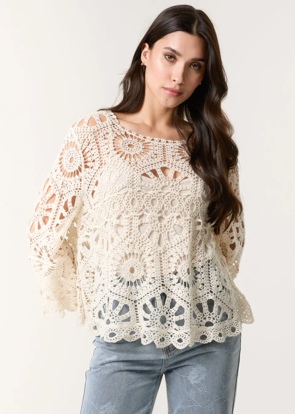 T-Shirts>Blue Vanilla Stone Crochet Top With Flared Sleeves