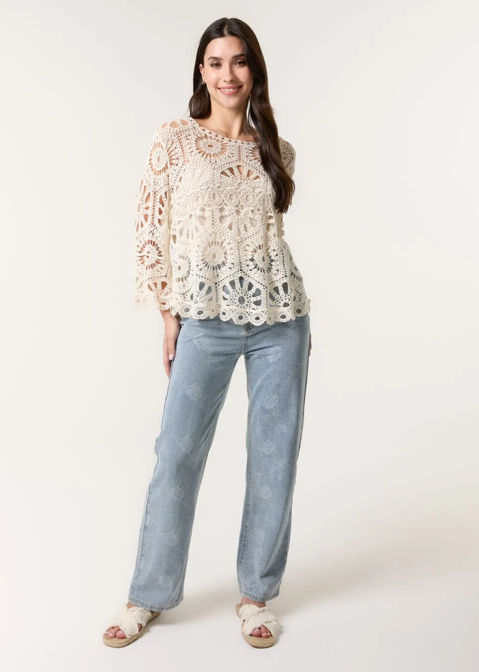 T-Shirts>Blue Vanilla Stone Crochet Top With Flared Sleeves
