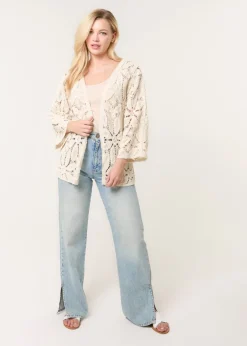 Tops>Blue Vanilla Stone Crochet Tie Front Cardigan