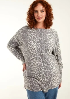 Tops>Blue Vanilla Stone Curve Leopard Print Jumper