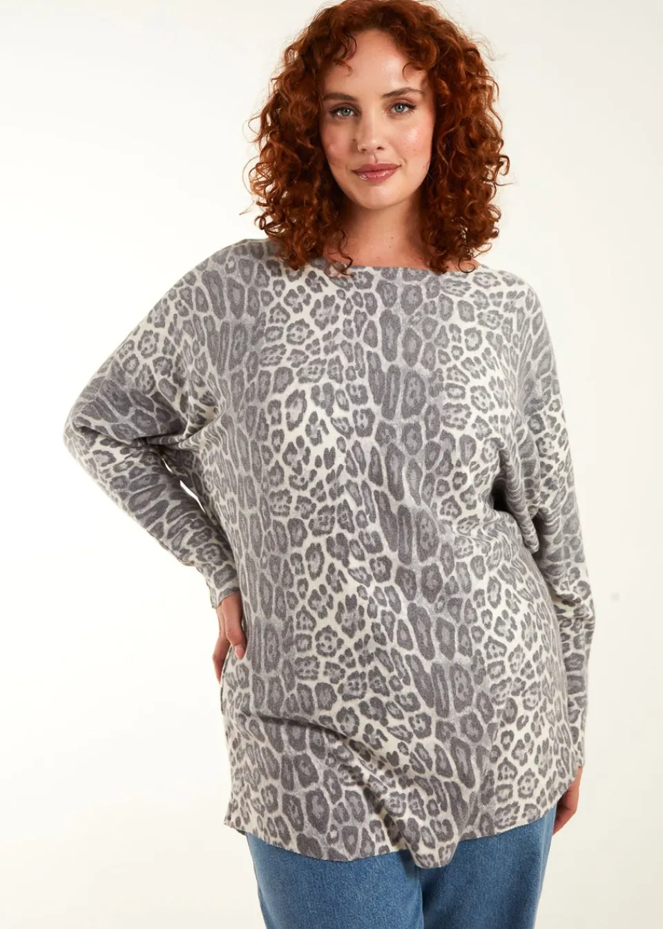 Tops>Blue Vanilla Stone Curve Leopard Print Jumper