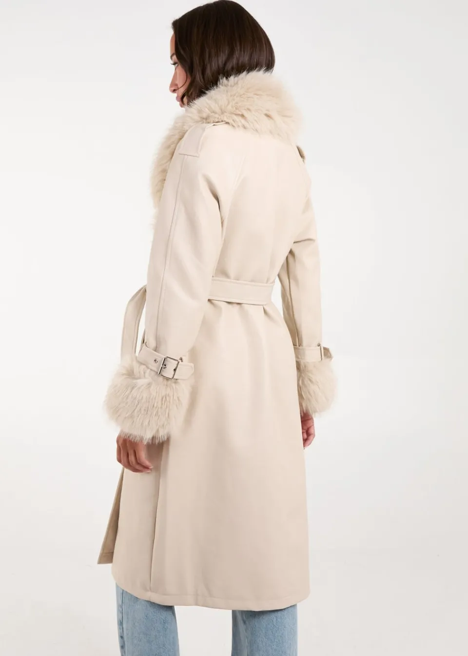 Coats & Jackets>Blue Vanilla Stone Faux Fur Trim Double Breasted Pu Coat