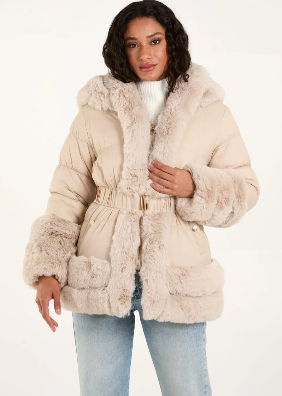 Coats & Jackets>Blue Vanilla Stone Fur Trim Belted Puffer Coat