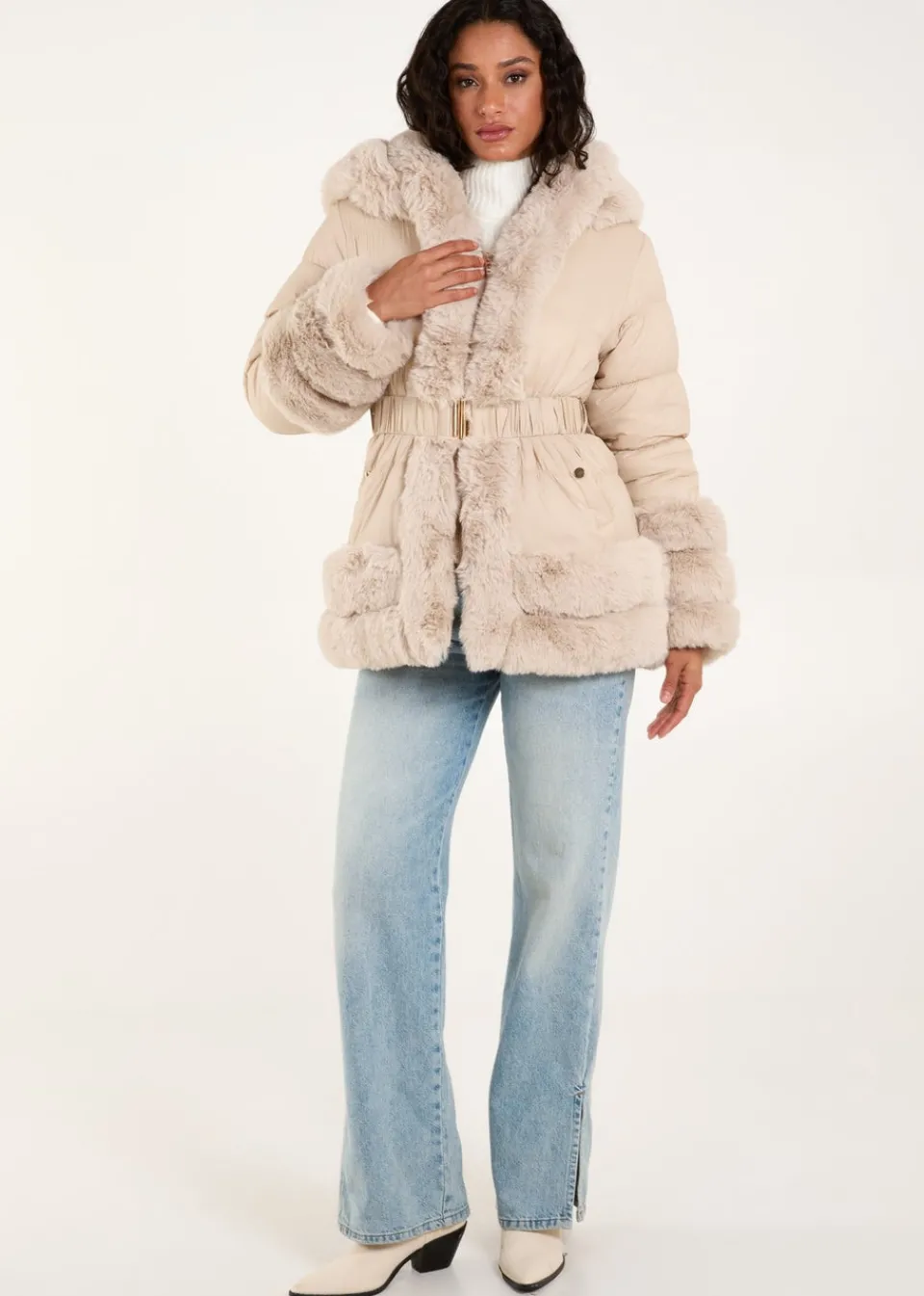 Coats & Jackets>Blue Vanilla Stone Fur Trim Belted Puffer Coat