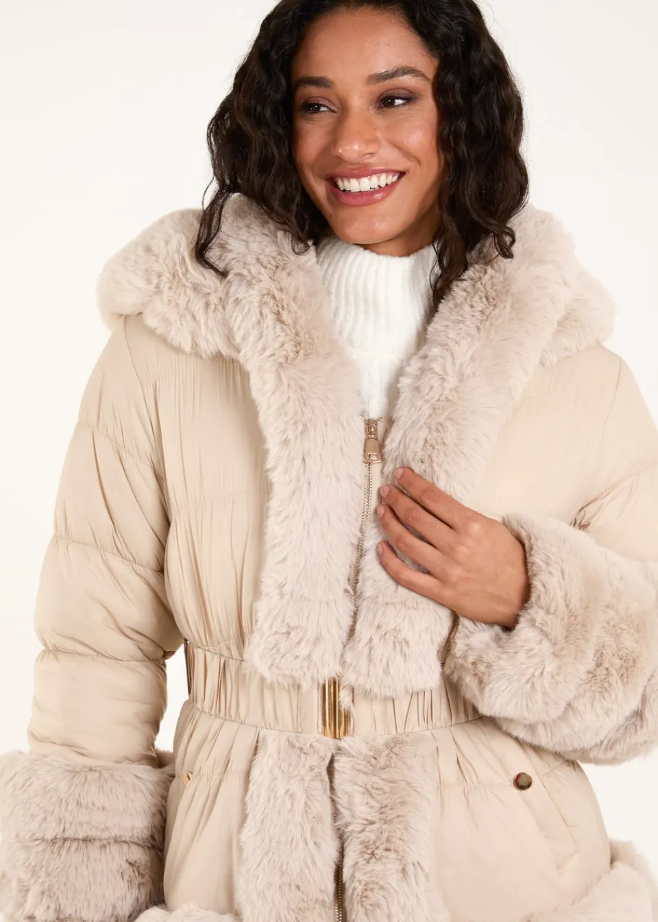 Coats & Jackets>Blue Vanilla Stone Fur Trim Belted Puffer Coat