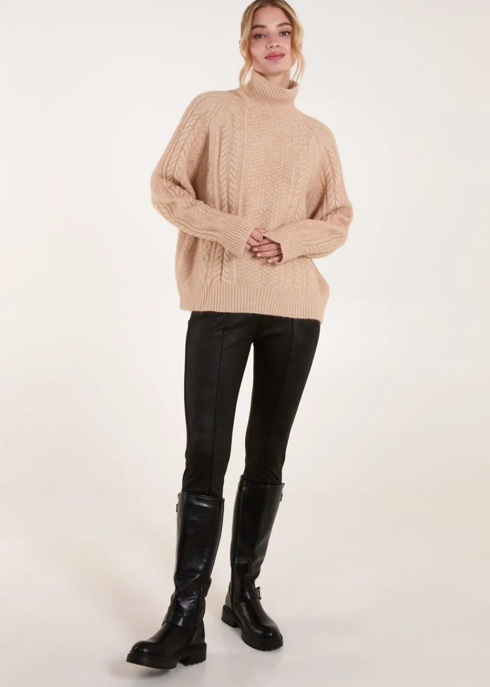 Tops>Blue Vanilla Stone High Neck Cable Knit Jumper