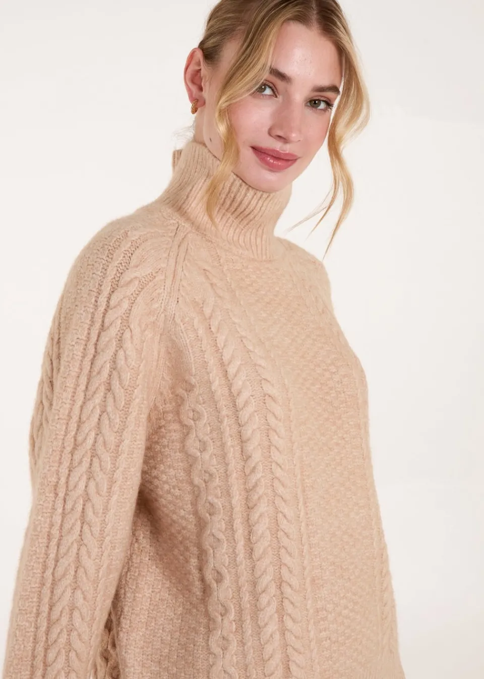 Tops>Blue Vanilla Stone High Neck Cable Knit Jumper