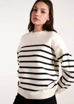 Tops>Blue Vanilla Stone Horizontal Stripes Bow Button Detailed Jumper