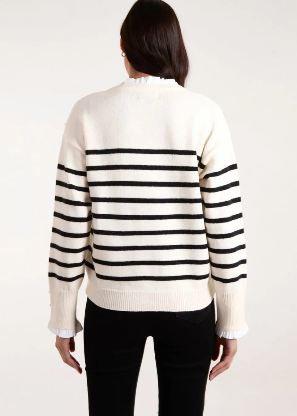Tops>Blue Vanilla Stone Horizontal Stripes Bow Button Detailed Jumper