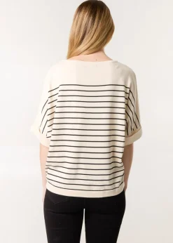 T-Shirts>Blue Vanilla Stone Horizontal Striped Top With Brooch
