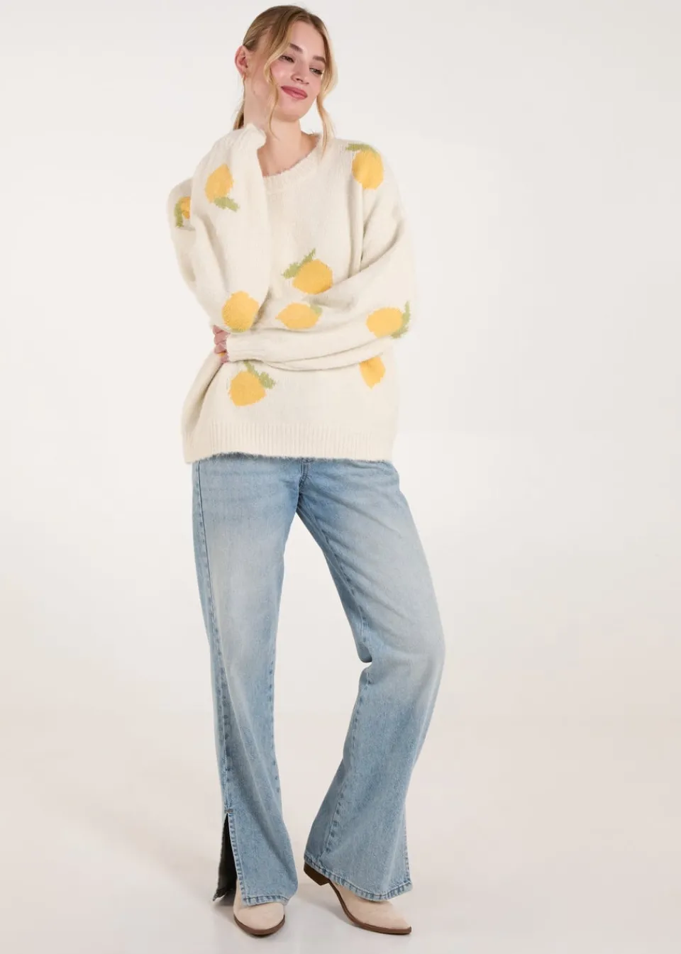 Knitwear>Blue Vanilla Stone Lemons & Leaves Detail Jumper