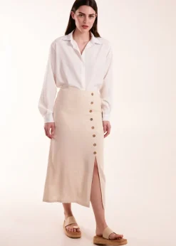 Skirts>Blue Vanilla Stone Linen Button Front Midi Skirt