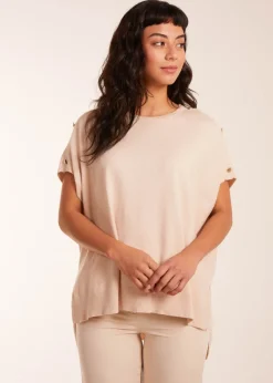 Tops>Blue Vanilla Stone Oversized Button Shoulder Top