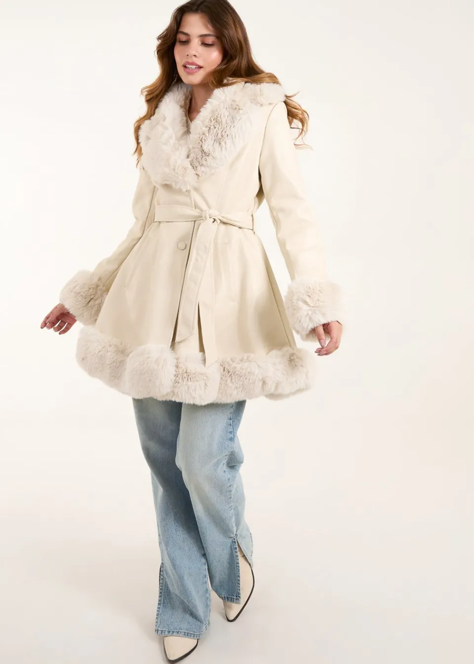 Coats & Jackets>Blue Vanilla Stone PU Faux Fur Trimmed Belted Coat