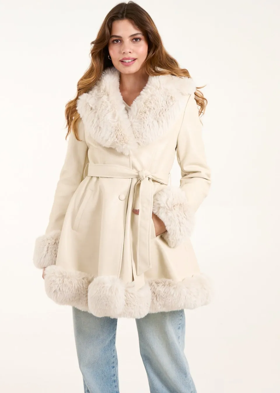 Coats & Jackets>Blue Vanilla Stone PU Faux Fur Trimmed Belted Coat