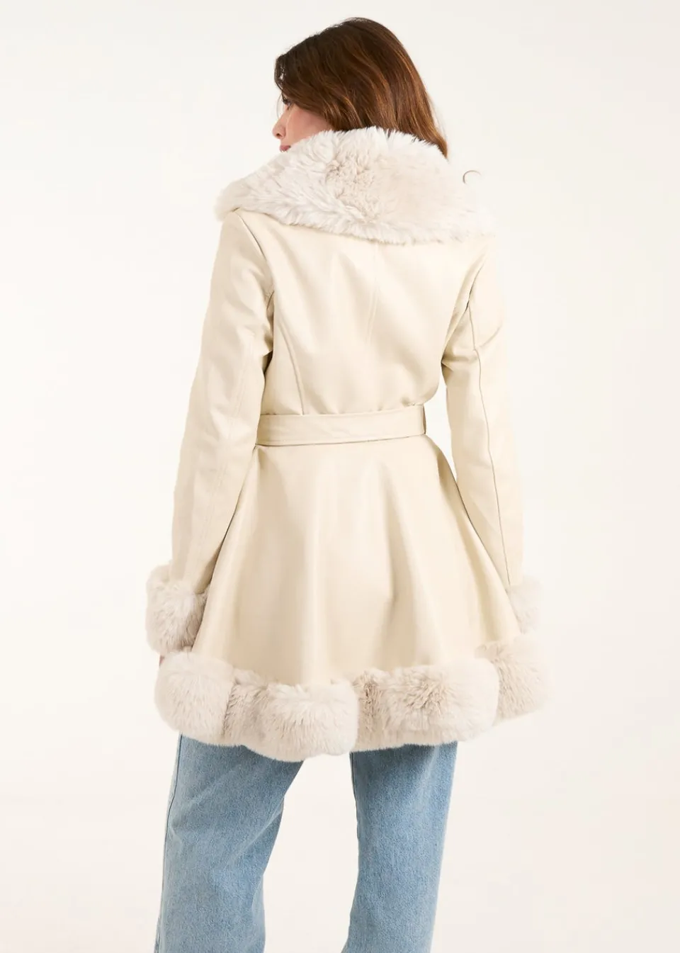 Coats & Jackets>Blue Vanilla Stone PU Faux Fur Trimmed Belted Coat