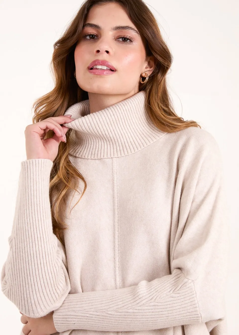 Tops>Blue Vanilla Stone Roll Neck Pocket Jumper