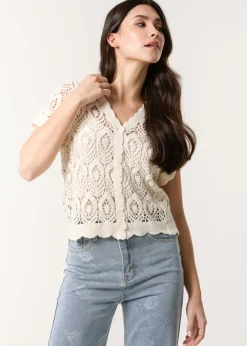 T-Shirts>Blue Vanilla Stone Short Sleeved Button Crotchet Top