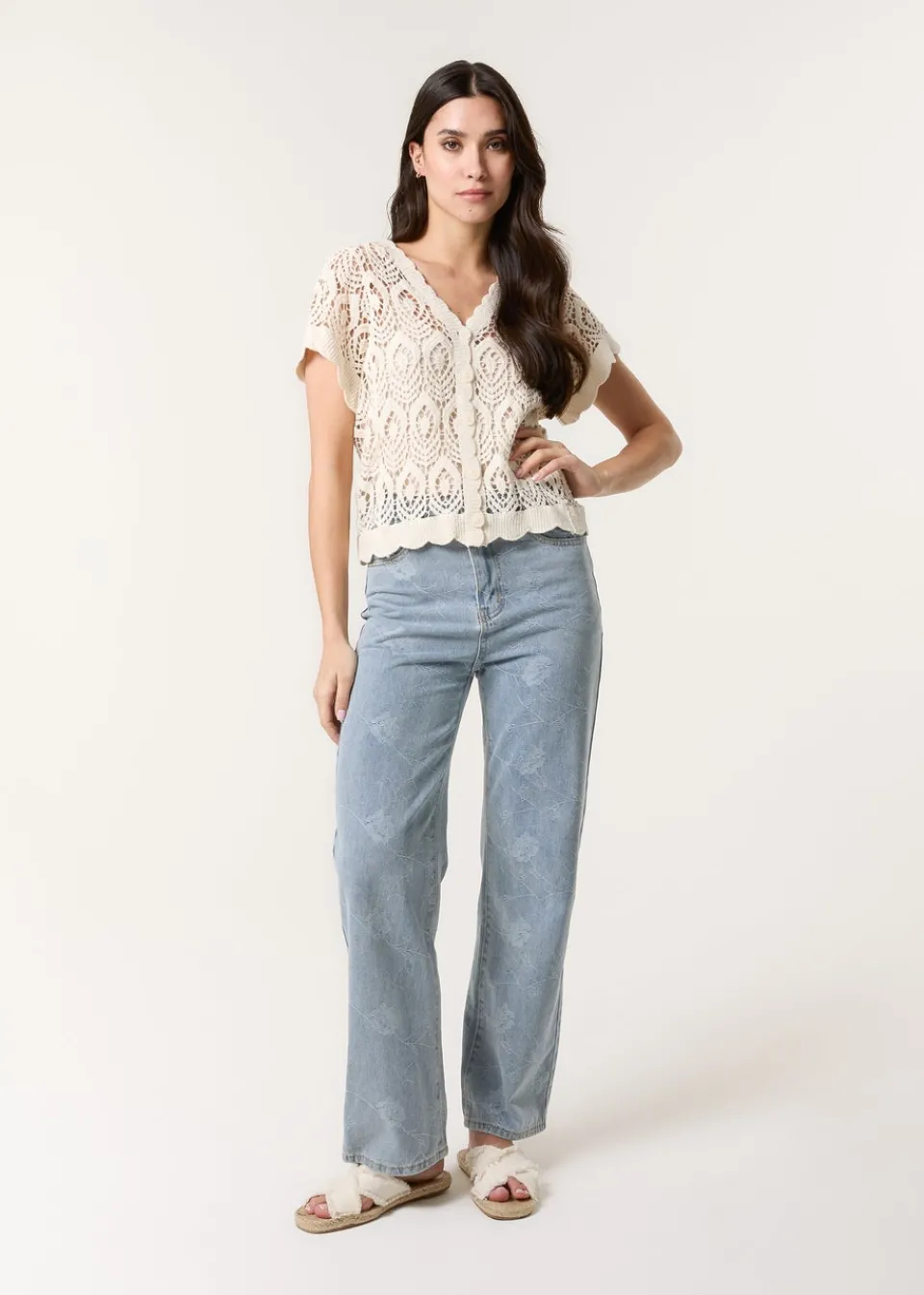 T-Shirts>Blue Vanilla Stone Short Sleeved Button Crotchet Top