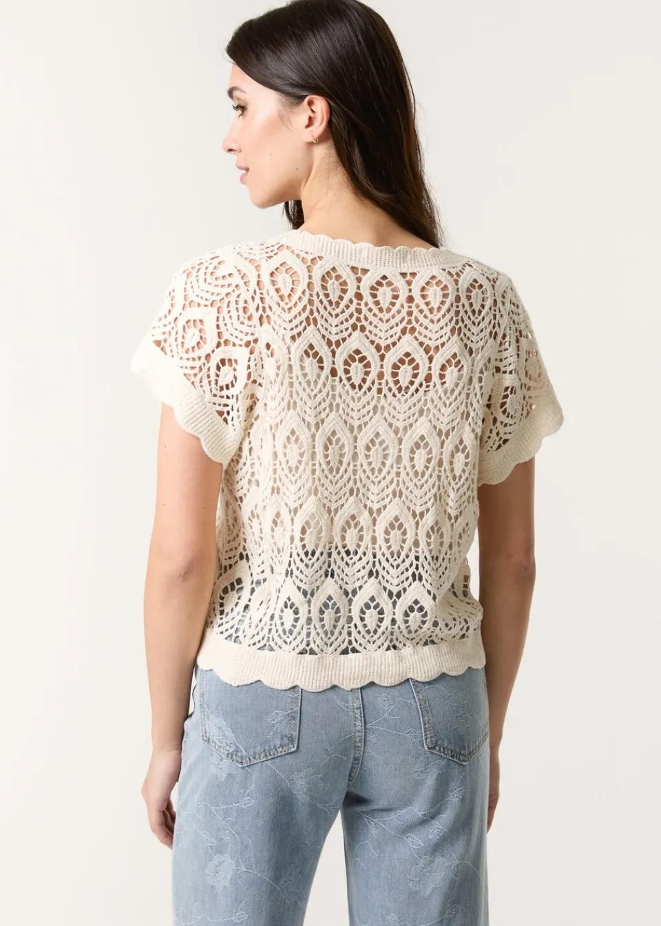 T-Shirts>Blue Vanilla Stone Short Sleeved Button Crotchet Top