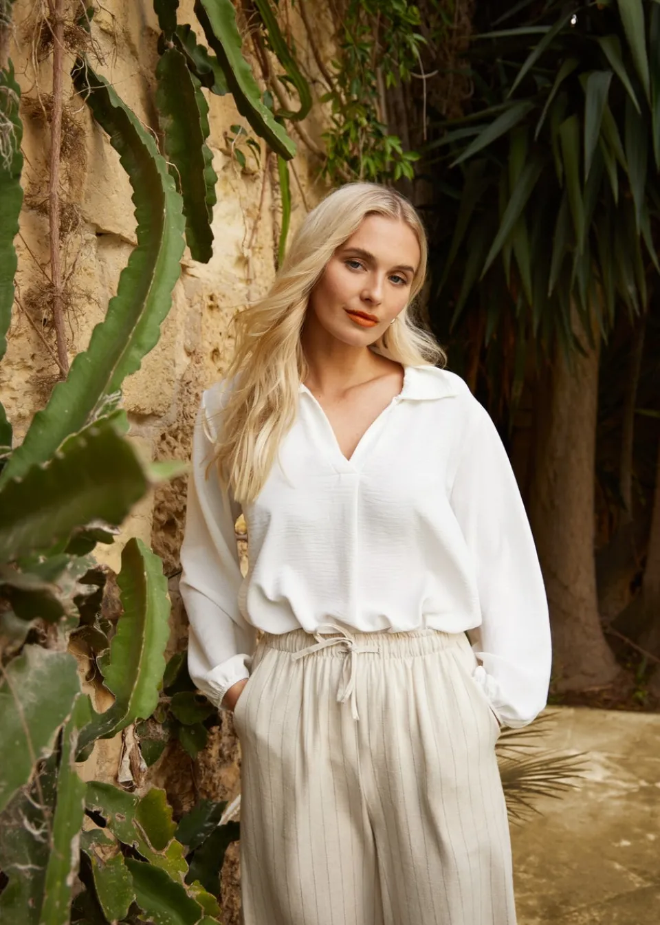 Trousers>Blue Vanilla Stone Stripe Wide Leg Linen Trousers