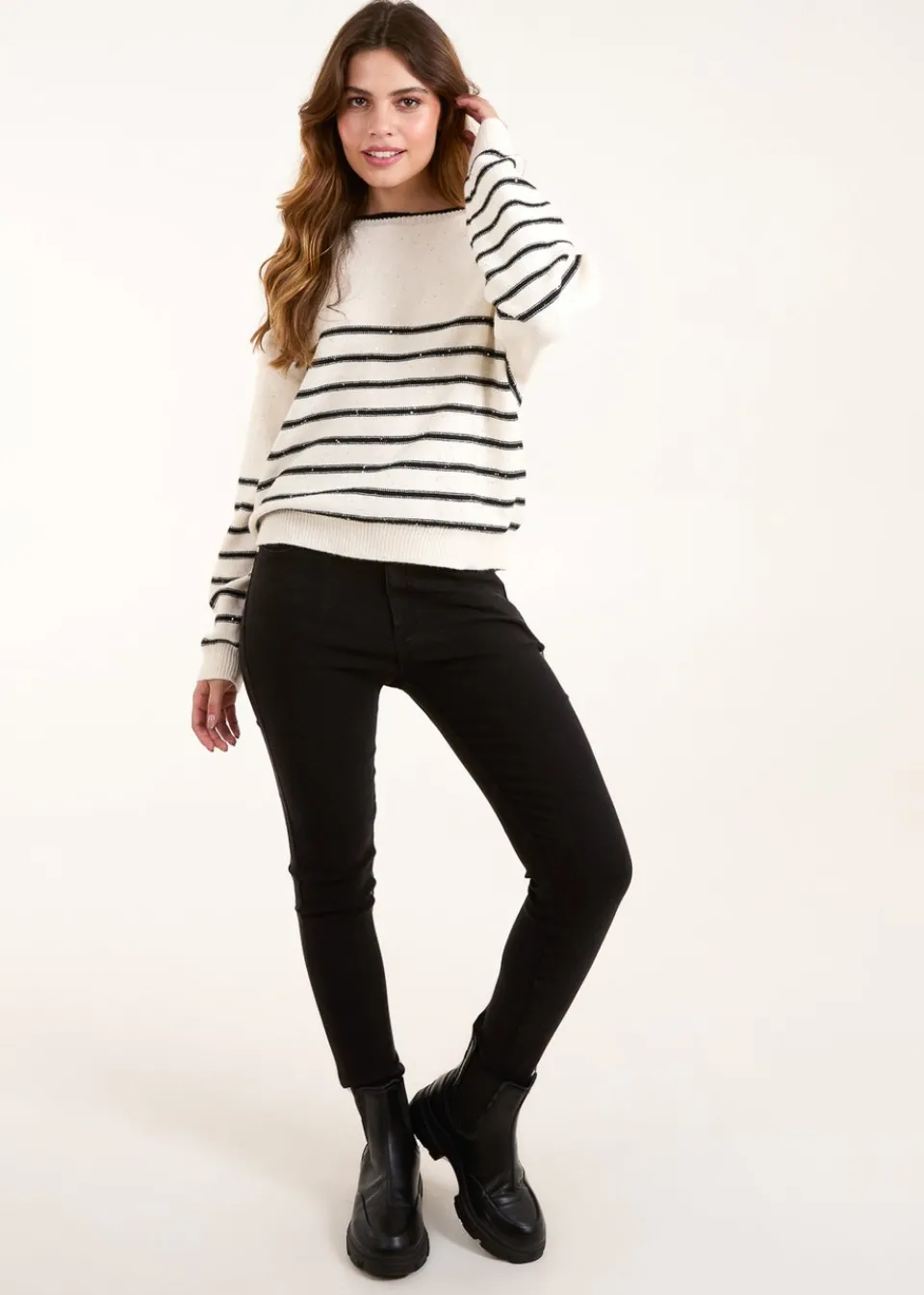 Tops>Blue Vanilla Stone Stripe Knit Jumper