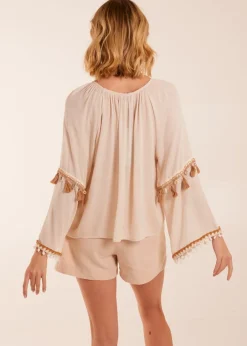 Tops>Blue Vanilla Stone Tassel Wide Sleeve Blouse