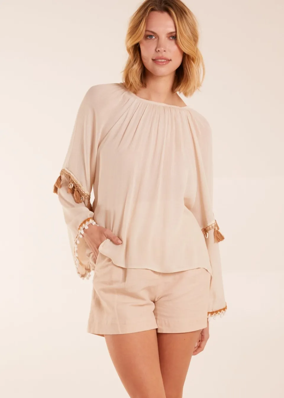 Tops>Blue Vanilla Stone Tassel Wide Sleeve Blouse