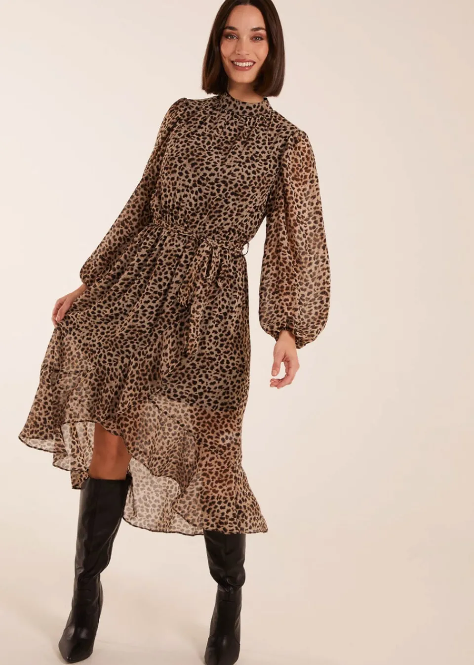 Dresses>Blue Vanilla High Neck Wrap Midi Dress Tan