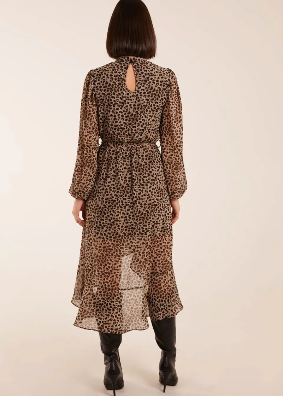 Dresses>Blue Vanilla High Neck Wrap Midi Dress Tan