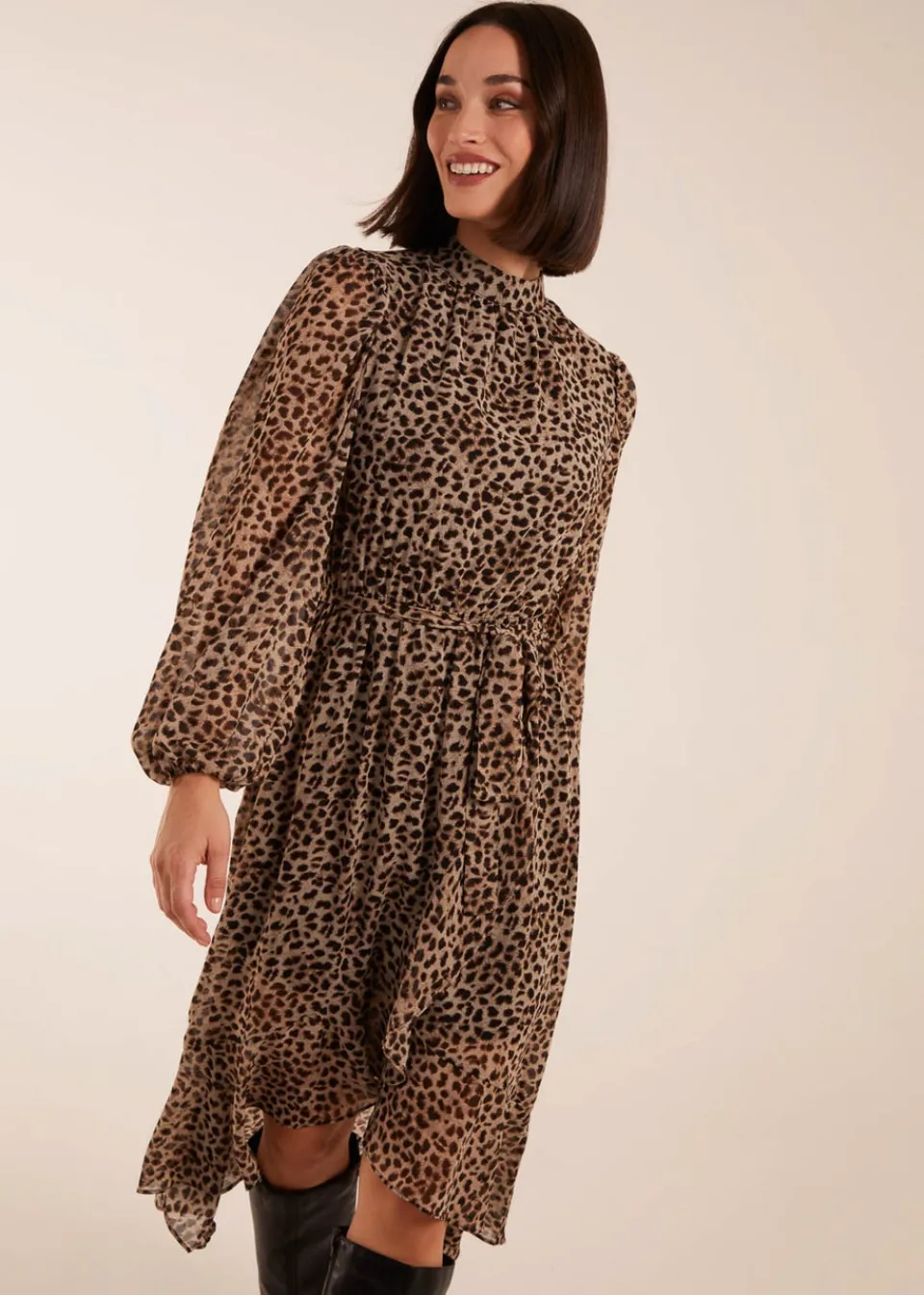 Dresses>Blue Vanilla High Neck Wrap Midi Dress Tan