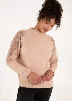 Tops>Blue Vanilla Taupe Embroidered Shoulder Knit Jumper