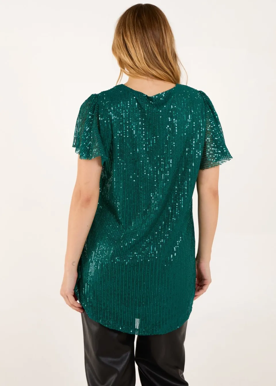 Tops>Blue Vanilla Teal Angel Sleeve V Neck Sequin Top