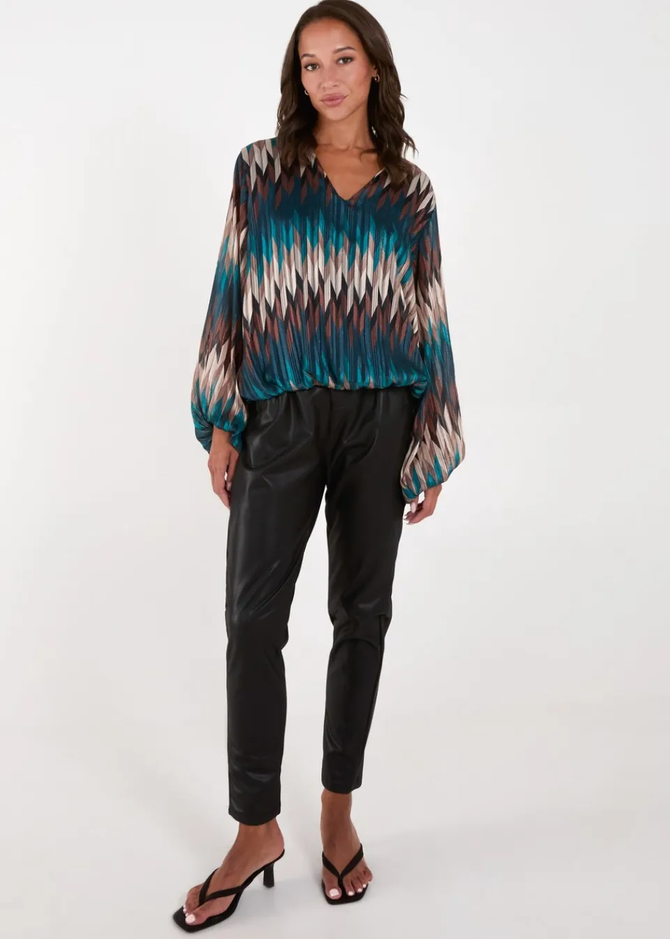 Blouses & Shirts>Blue Vanilla Teal Chevron V Neck Blouse