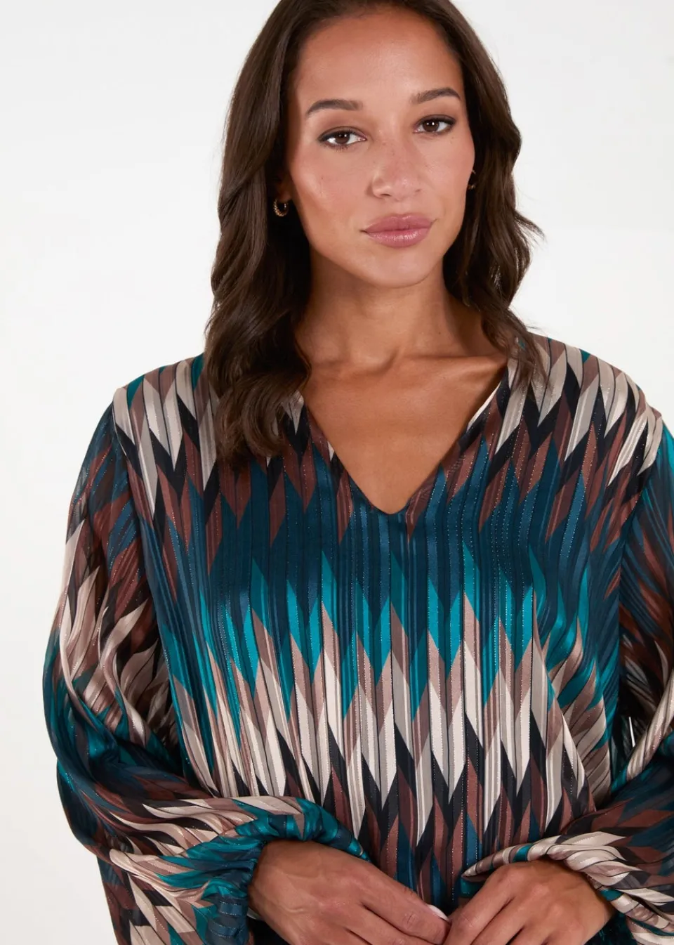 Blouses & Shirts>Blue Vanilla Teal Chevron V Neck Blouse