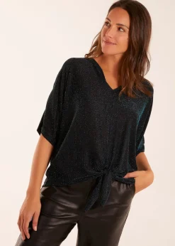 Tops>Blue Vanilla Teal Sparkly V Neck Tie Front Top