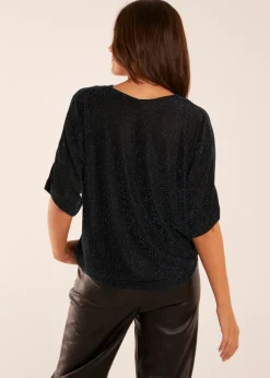 Tops>Blue Vanilla Teal Sparkly V Neck Tie Front Top