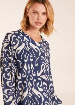 Tops>Blue Vanilla V Neck Printed Batwing Elasticated Hem Top